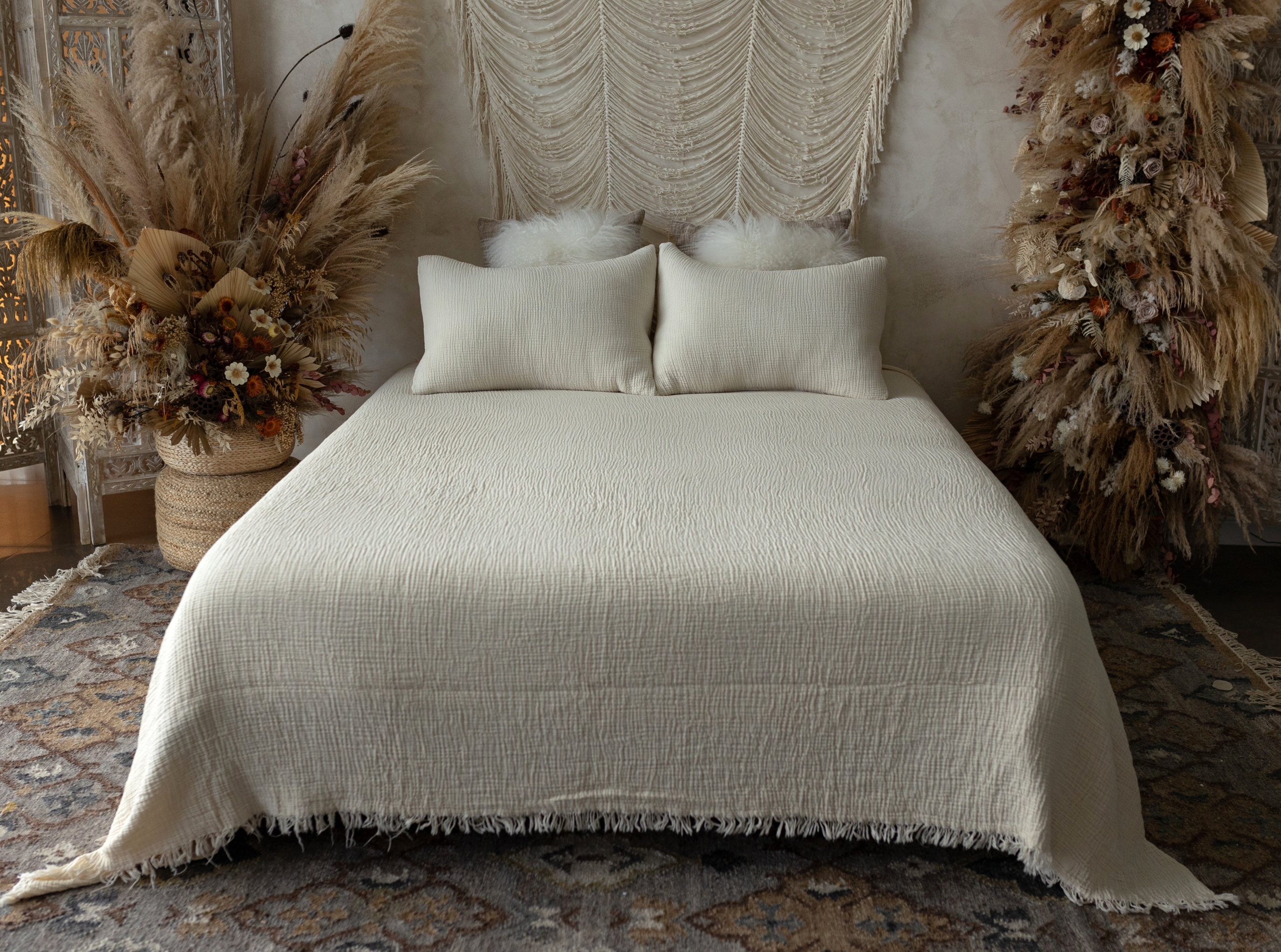 GOTS Certified Organic Muslin Cotton Throw Blanket Ivory Color