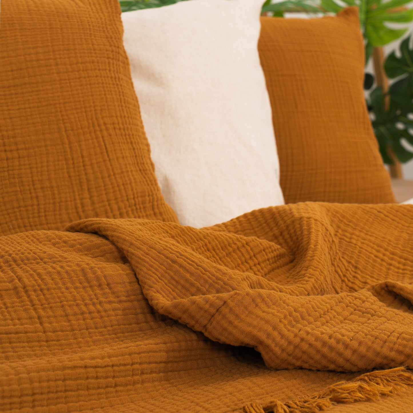 Organic Muslin Blanket, Mustard Cotton Sofa Throw, Lightweight Bedspread, Cotton Gauze Blanket