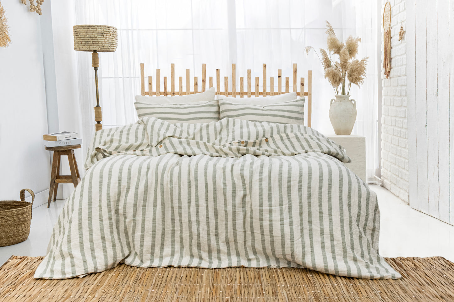 Sage green striped duvet cover set