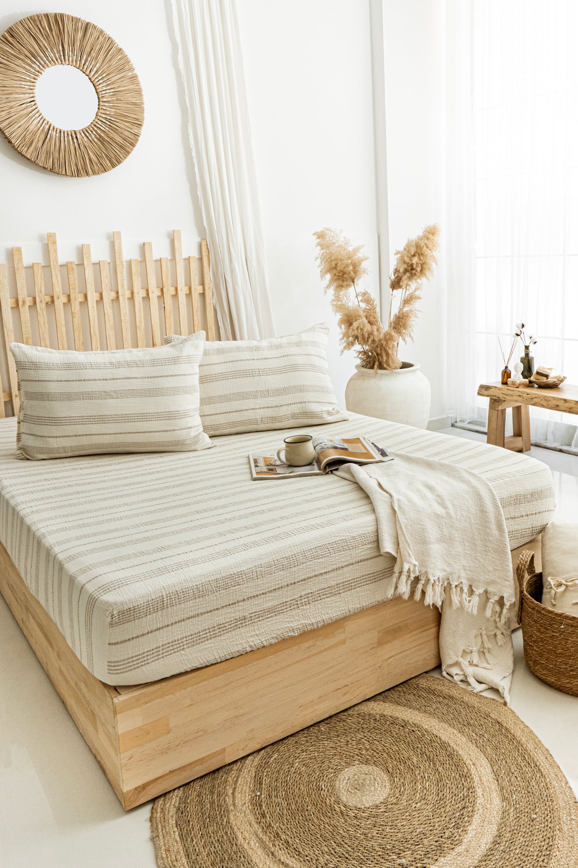 beige bed sheet