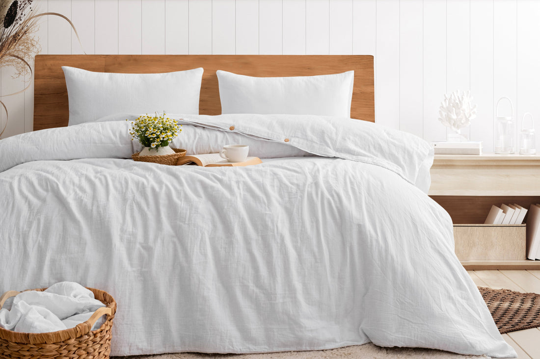 white muslin duvet cover on bed