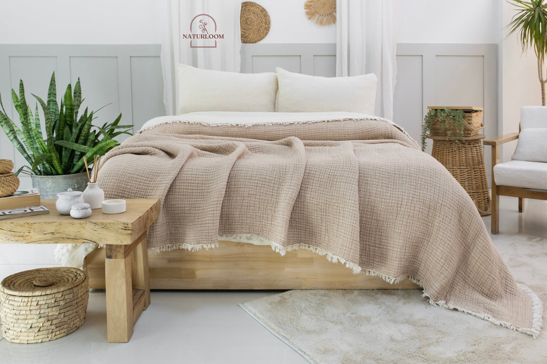 Neutral Naturloom bedding prepared for holiday guests