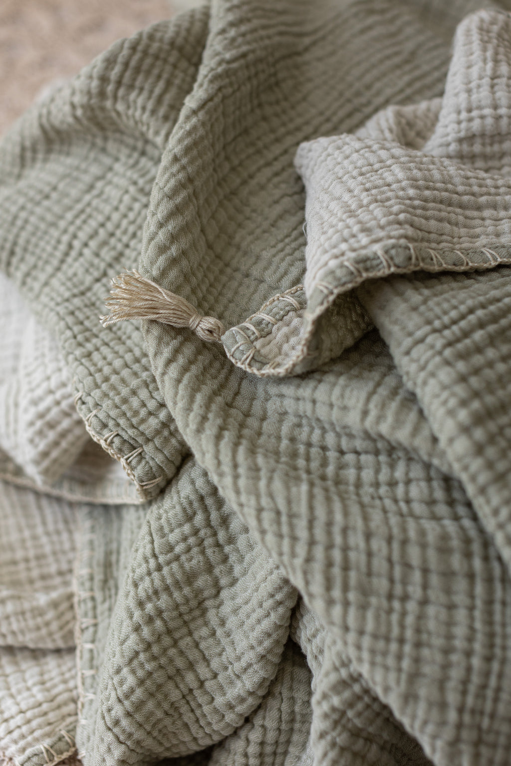 Sage green organic muslin baby blanket