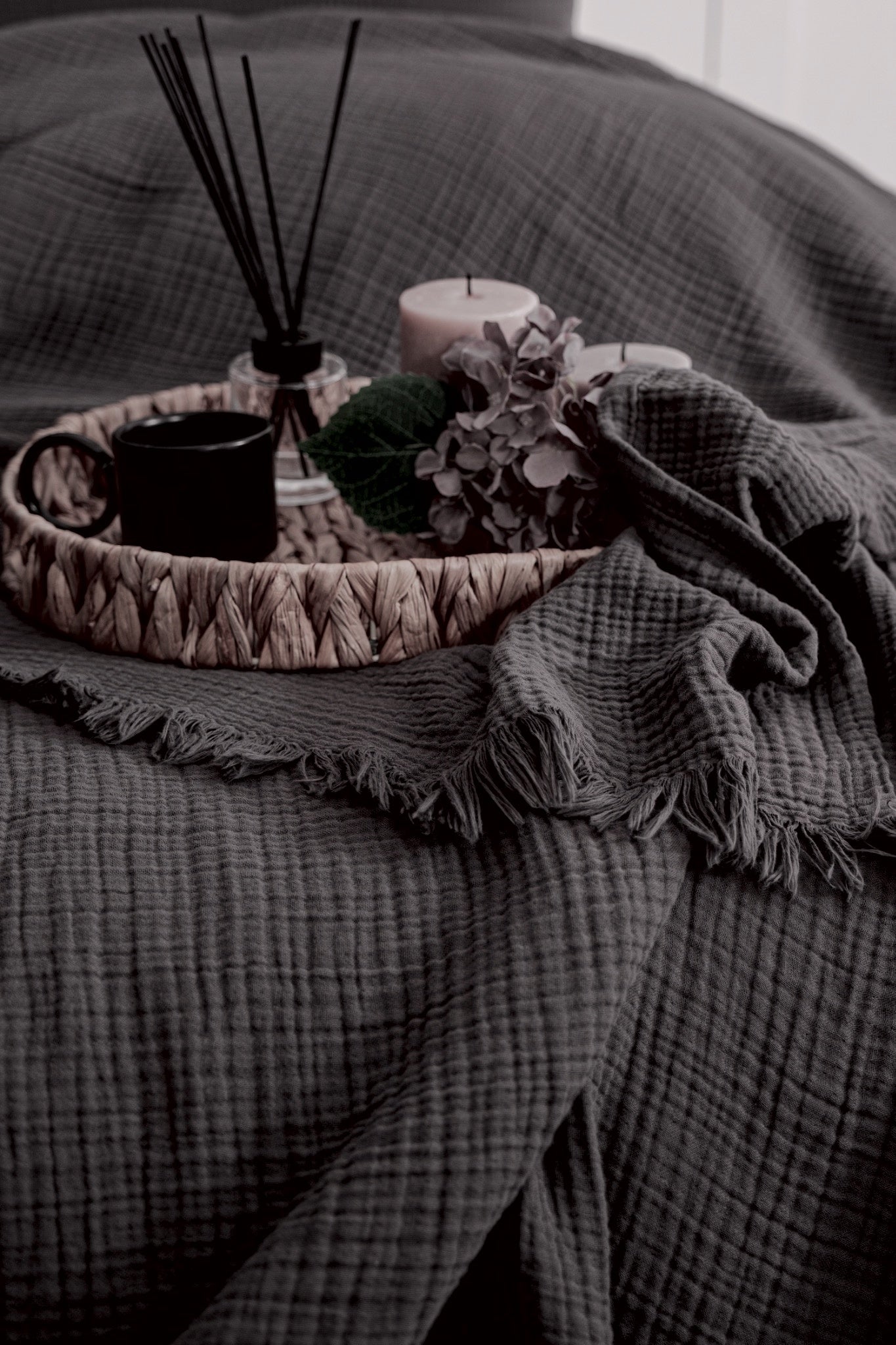 GOTS Certified Organic Muslin Blanket Charcoal Bedspread