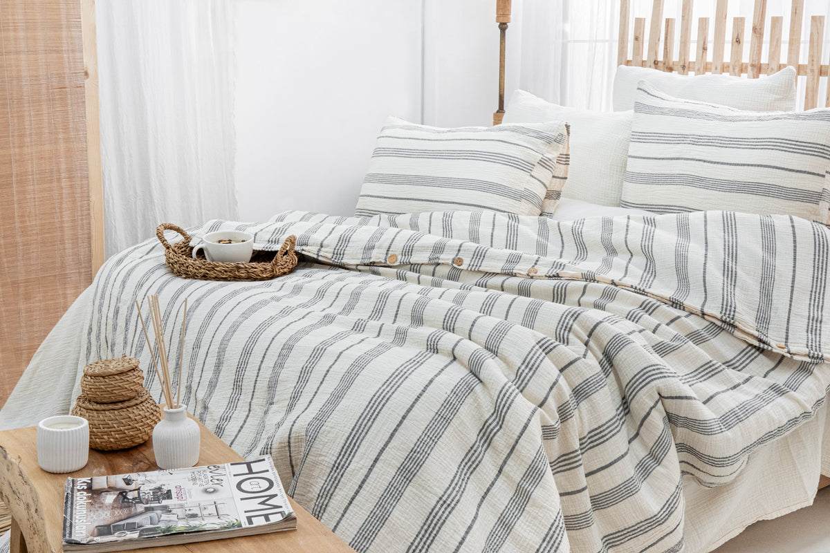 grey striped organic bedding set