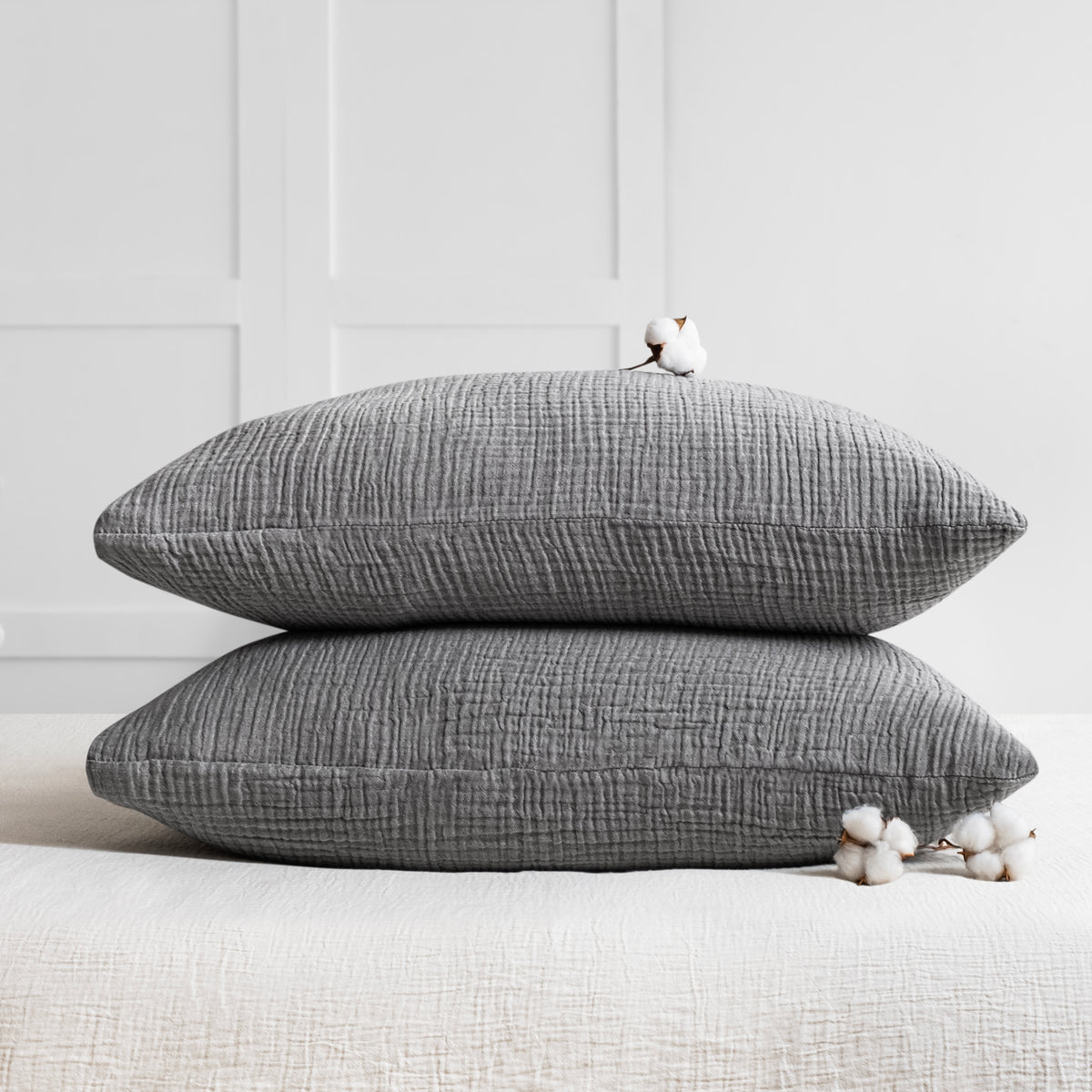 Anthracite gray four layer organic cotton muslin pillowcase set