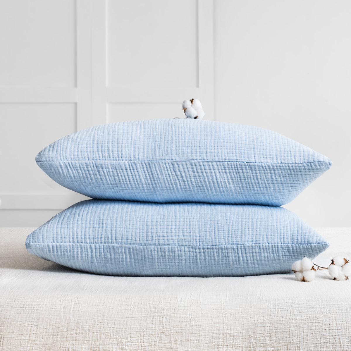 Ice blue four layer organic cotton muslin pillowcase set