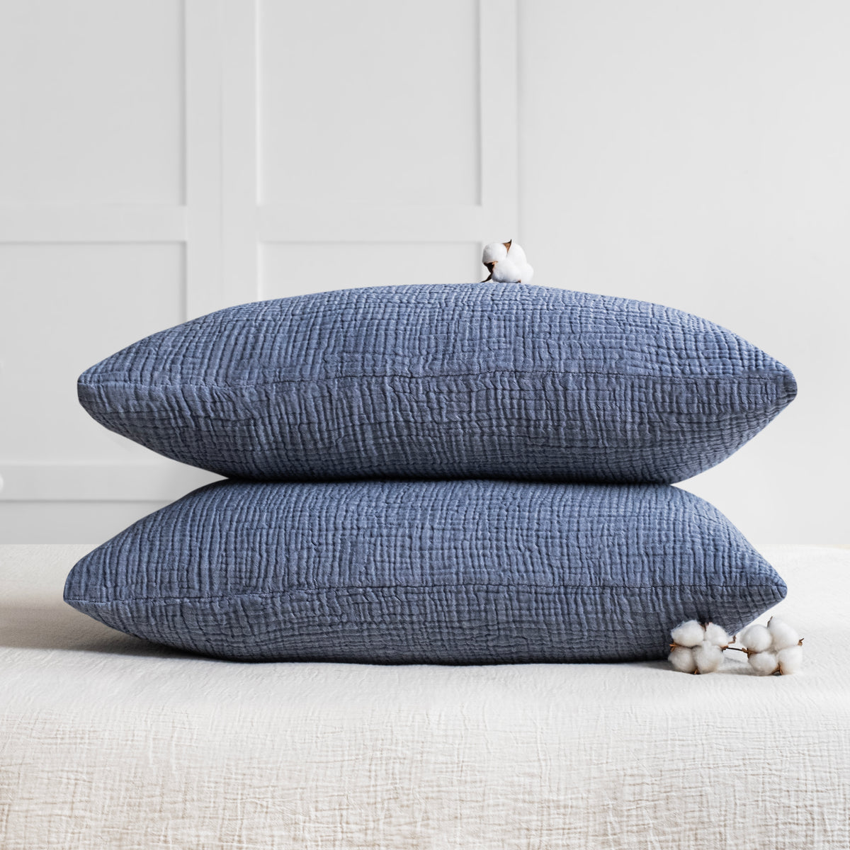 Indigo four layer organic cotton muslin pillowcase set
