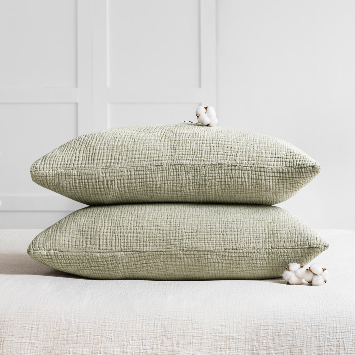 Sage green four layer organic cotton muslin pillowcase set