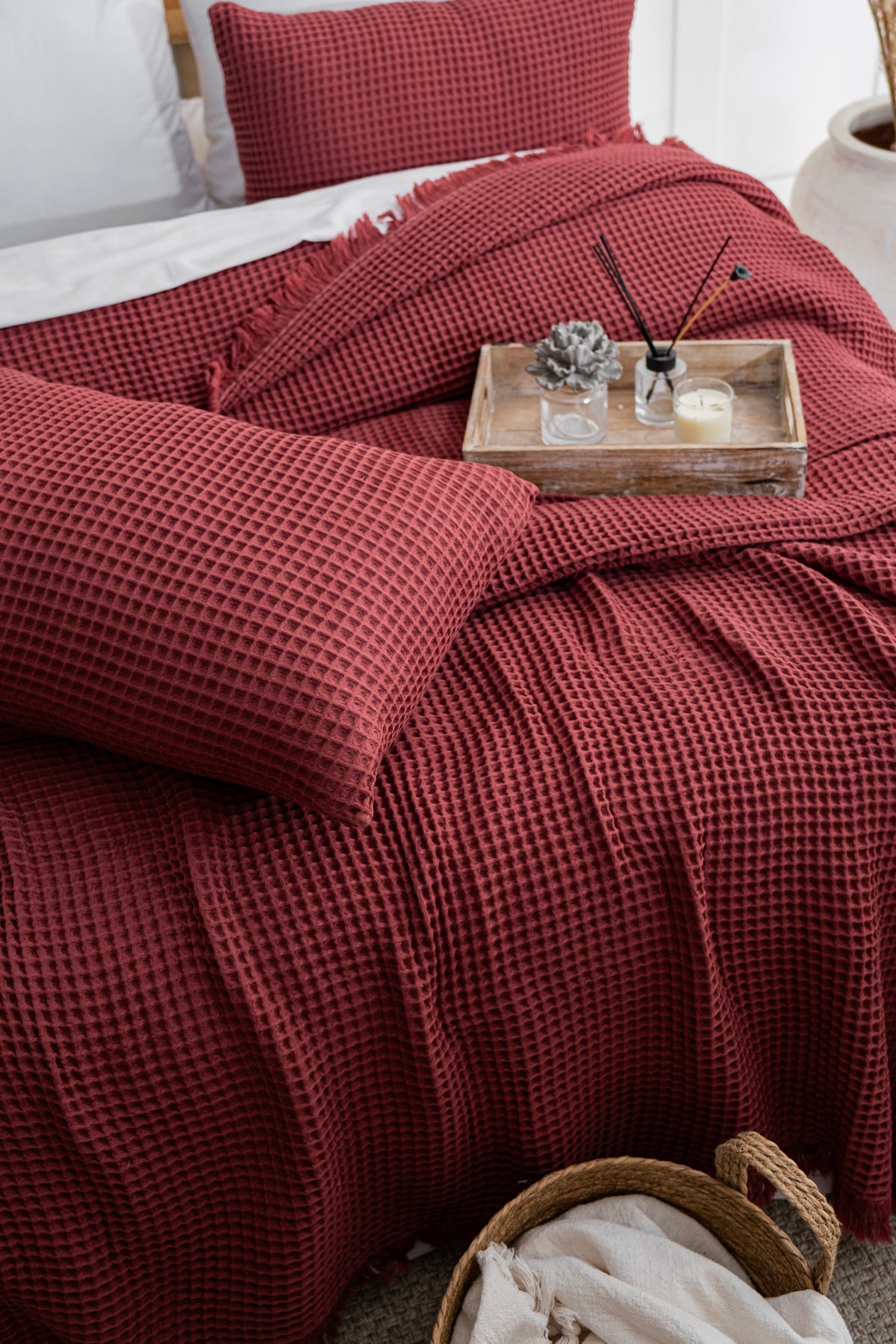 Cherry organic cotton waffle pillowcase set