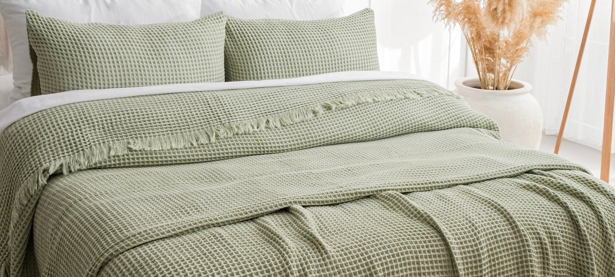 Sage green organic cotton waffle pillowcase set
