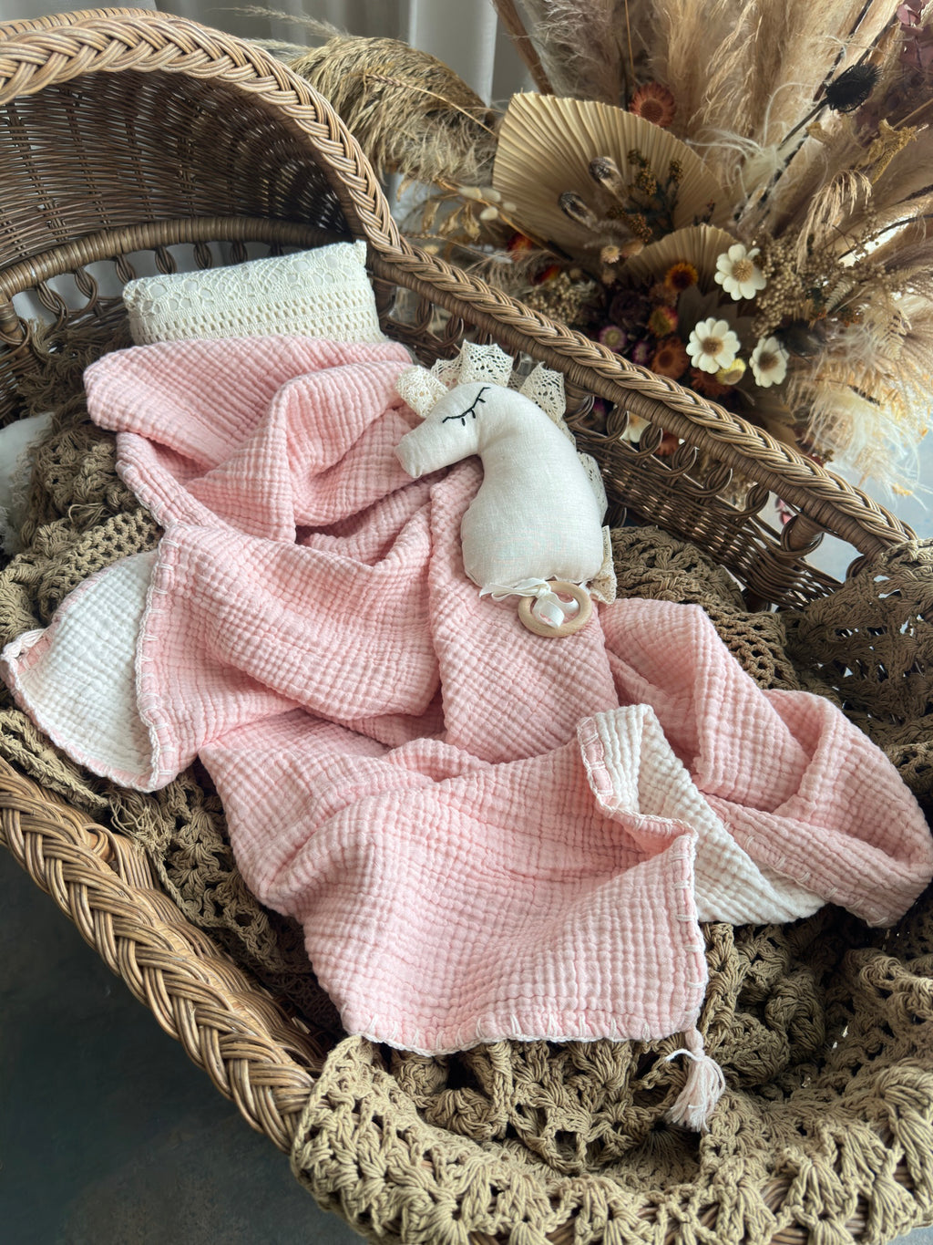 GOTS certified organic muslin baby blanket pink