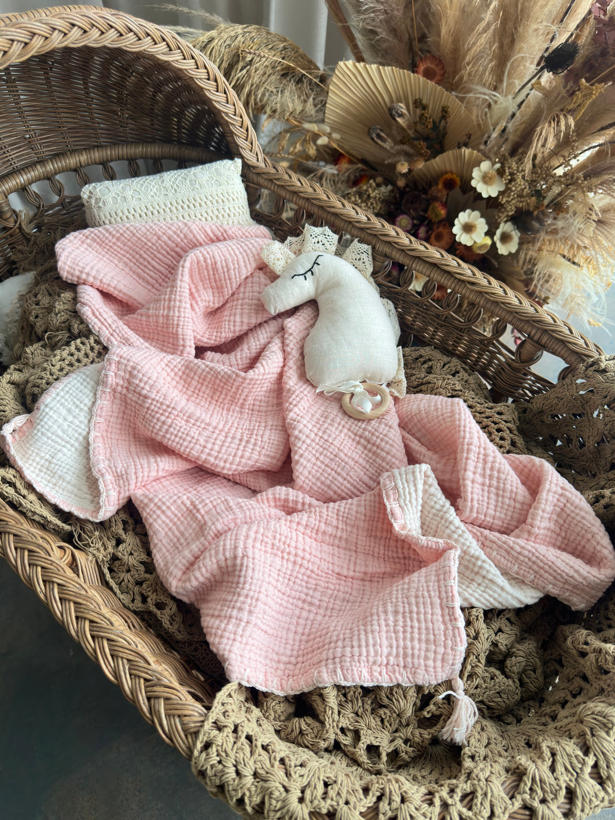 GOTS certified organic muslin baby blanket pink