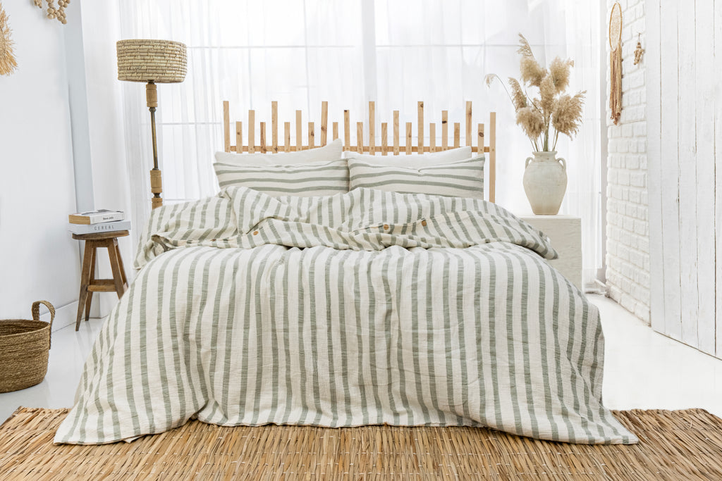 Sage green striped duvet cover set