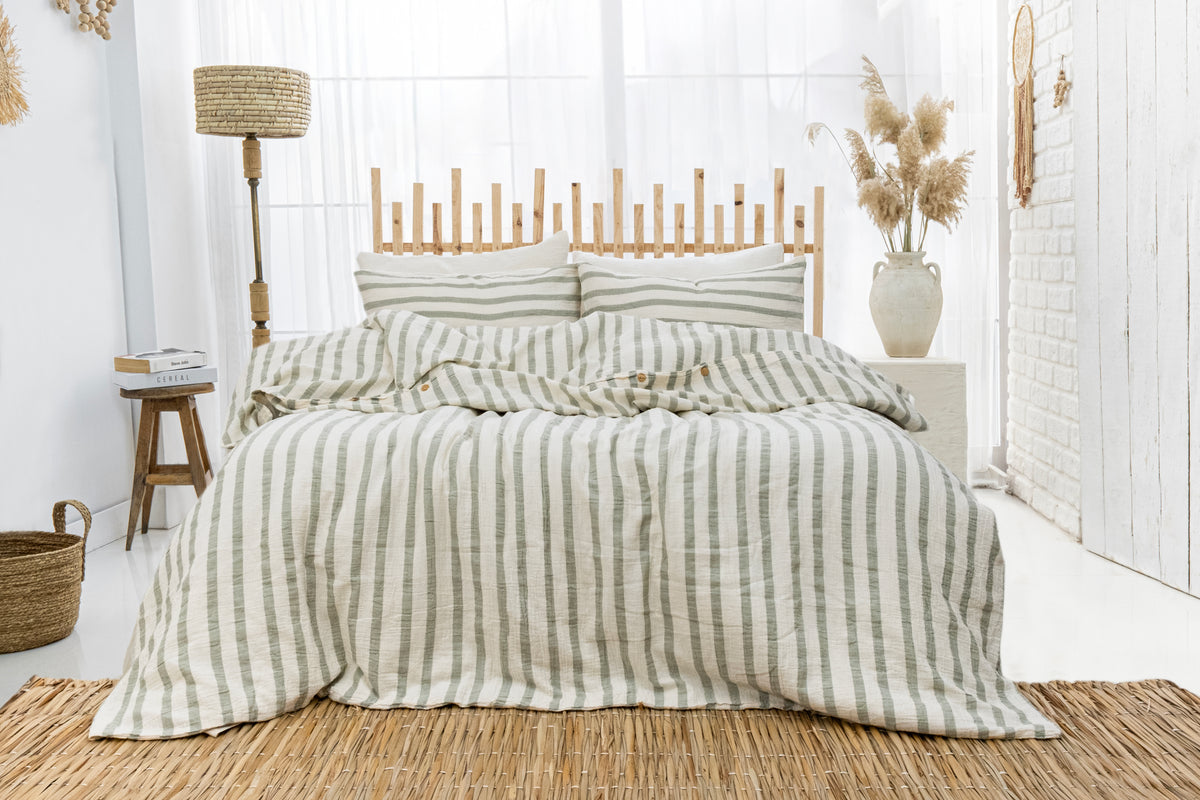 Sage green striped duvet cover set
