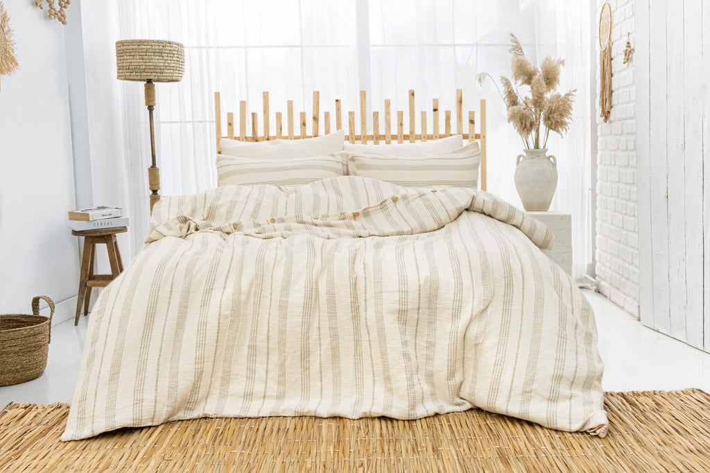 Taupe striped muslin duvet set