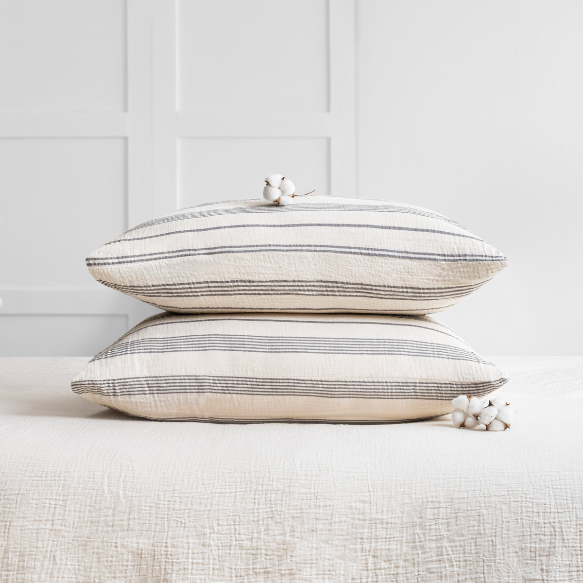 Anthracite grey stripe two layer organic cotton muslin pillowcase set