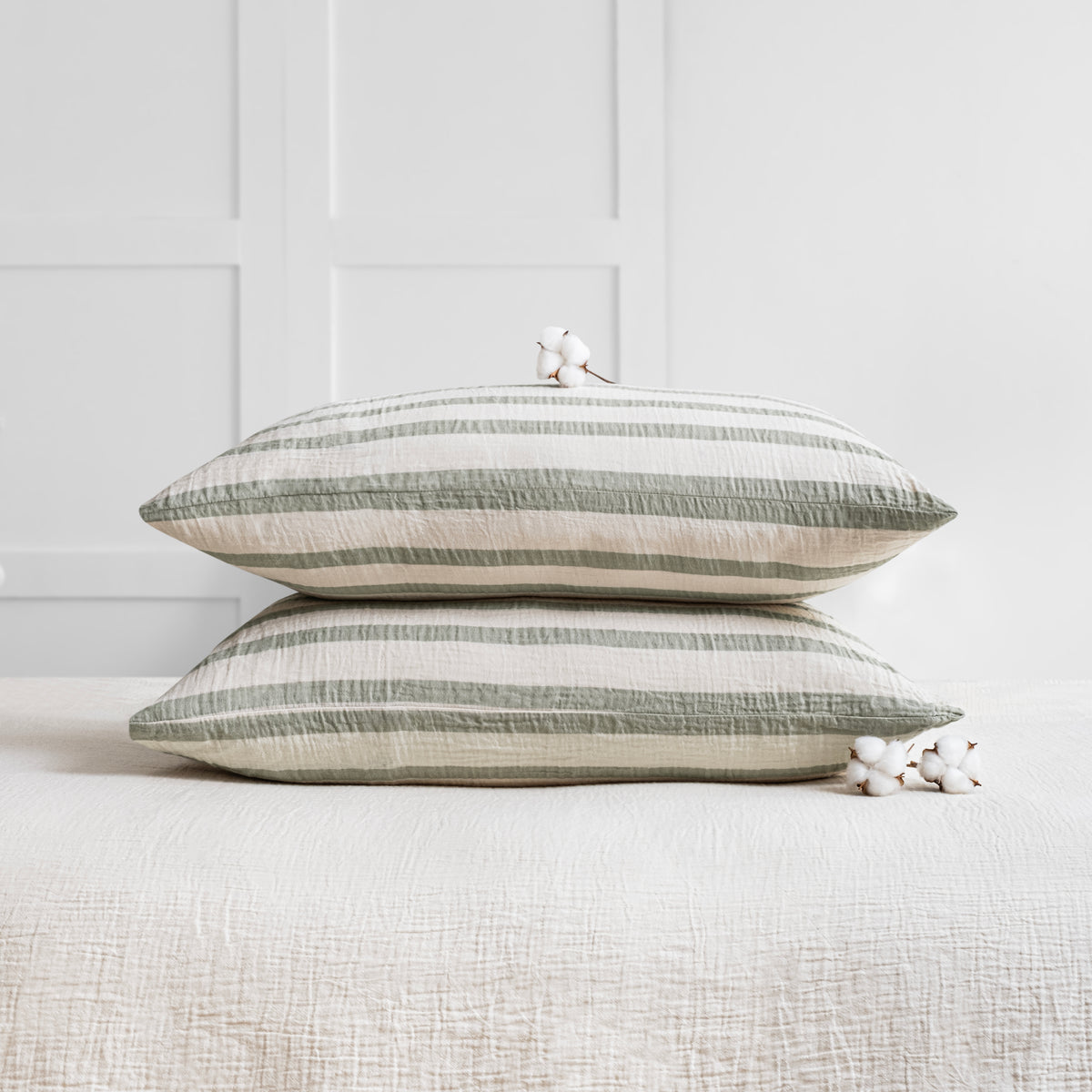 Sage green stripe two layer organic cotton muslin pillowcase set
