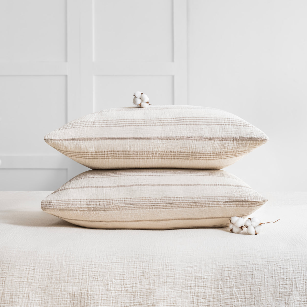 Taupe stripe two layer organic cotton muslin pillowcase set