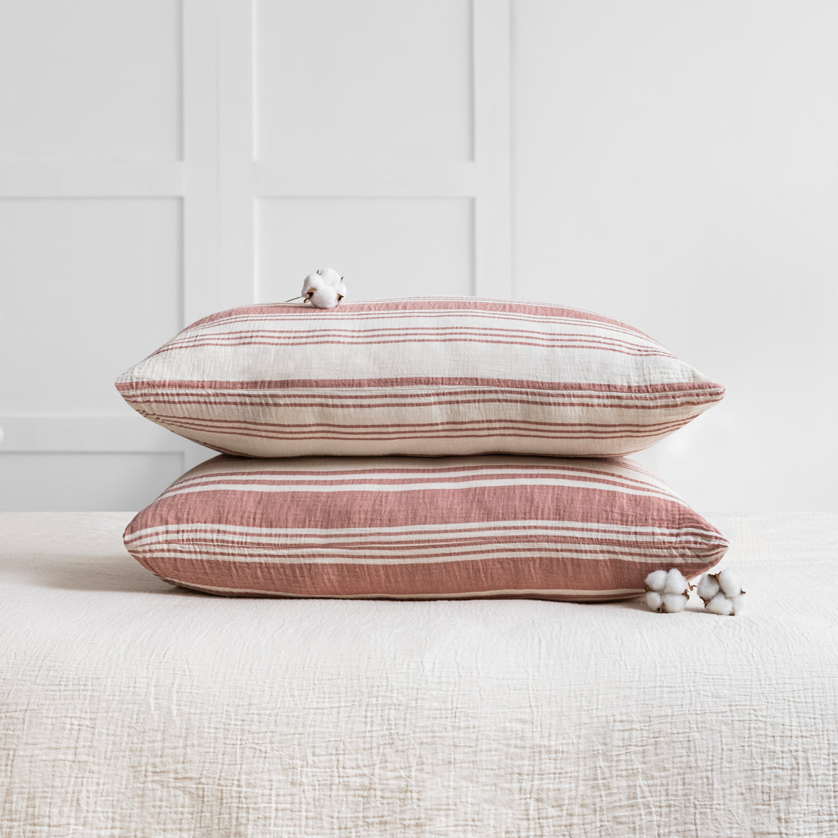 Terra cotta stripe two layer organic cotton muslin pillowcase set